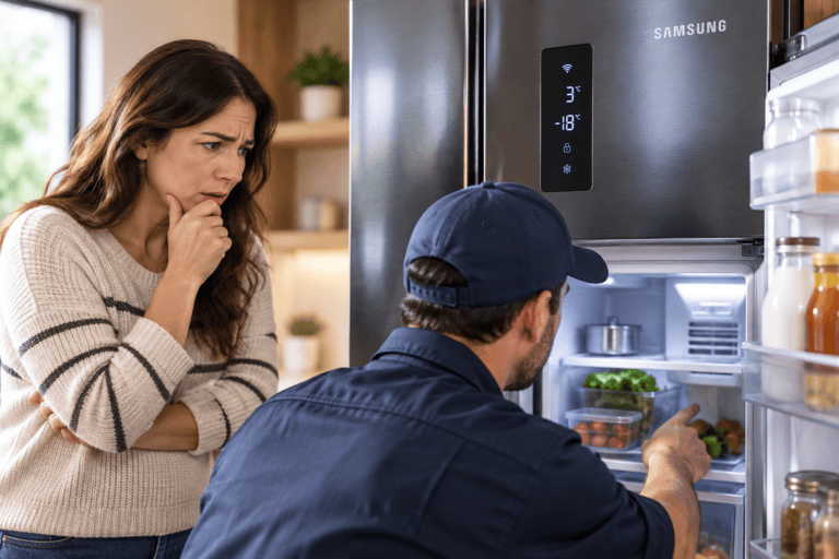 Técnico revisando un refrigerador Samsung a domicilio, mientras la propietaria observa preocupada por una falla de enfriamiento.