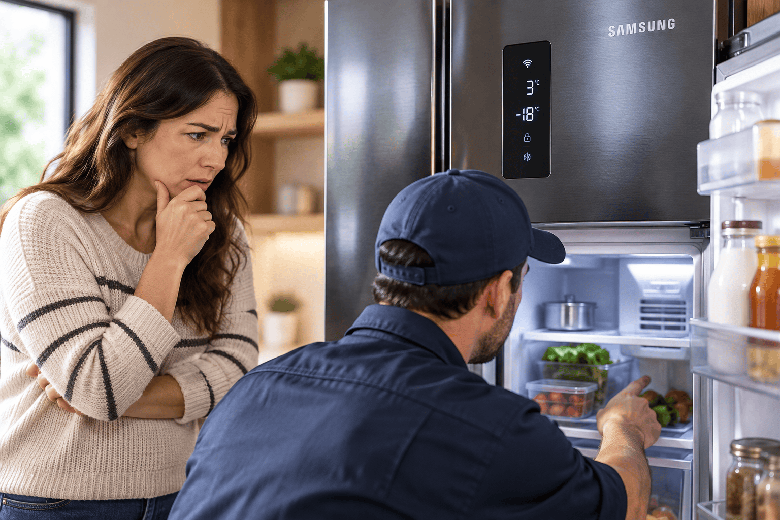 Técnico revisando un refrigerador Samsung a domicilio, mientras la propietaria observa preocupada por una falla de enfriamiento.